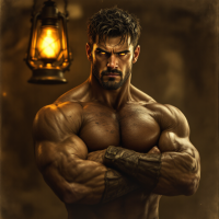 A muscular man stands confidently with arms crossed, illuminated by a warm lantern glow, embodying strength and resilience as suggested by the quote about facing difficulties fearlessly.