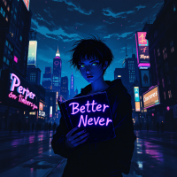 A figure stands in a neon-lit urban environment, holding a glowing book titled Better Never, reflecting themes of inequality and consequence from the quote, Better never means better for everyone.