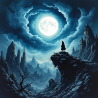 A lone figure stands on a rocky cliff under a full moon, surrounded by dark, swirling clouds and dramatic mountains, embodying the sentiment that the world is not for the faint of heart.