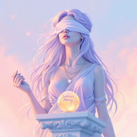 A blindfolded woman with flowing hair stands near a glowing orb labeled Justice is Misguided, embodying the complexity of justice and its potential errors in judgment.