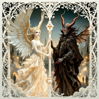 An angel and a demon stand facing each other, embodying contrasts with ethereal beauty and dark menace. The image reflects the quote about hidden threats in humanity.