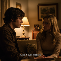 A young man and woman sit closely in a warmly lit room, their expressions serious and uncertain, capturing the tension of whether their interaction will deepen or damage their friendship.