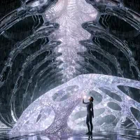 A vast ship interior reveals a bioluminescent crystalline spine stretching overhead, its glassy, metallic, jewel-like facets shifting organically beneath pleated ceiling panels.