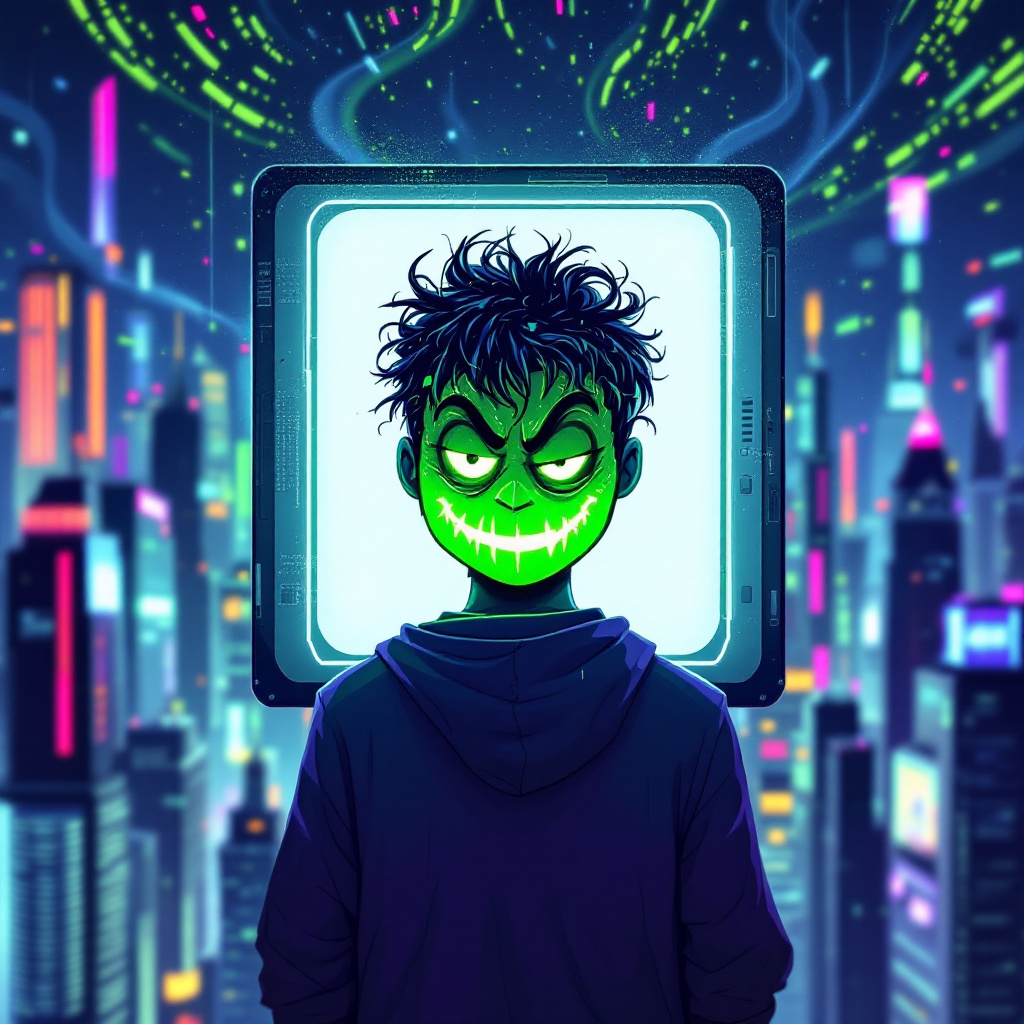 A figure stands against a vibrant cityscape, illuminated by neon lights, wearing a sinister green smiling mask framed by a vintage TV. The scene embodies the theme of hidden identities in a digital world.