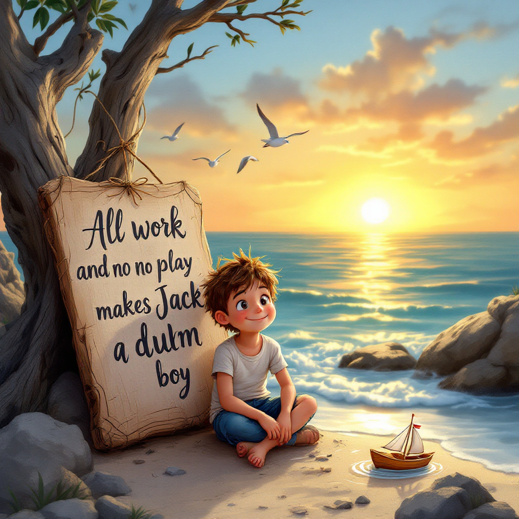 A young boy sits on the beach near a tranquil sea, gazing at a sunset. A wooden sign beside him displays the quote: All work and no play makes Jack a dull boy. Seagulls soar above.