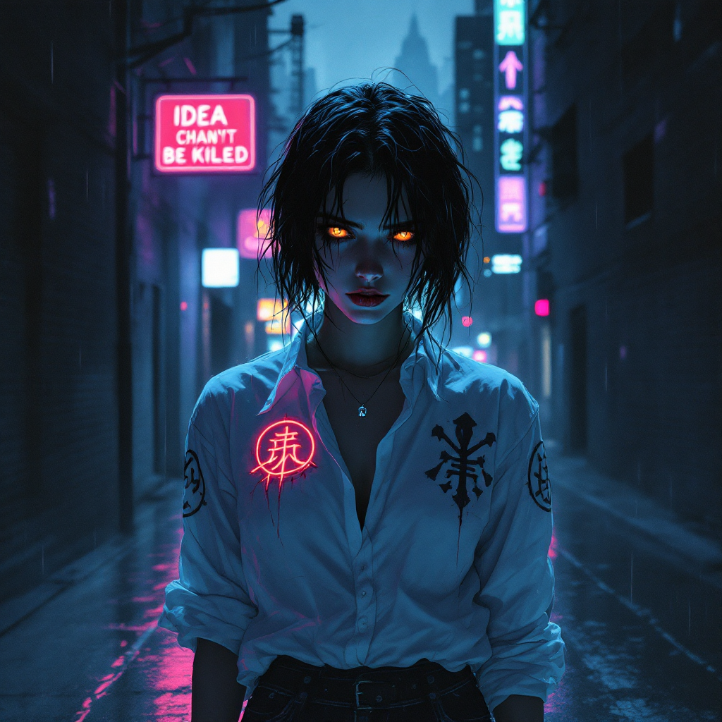 A powerful figure stands in a neon-lit alley, embodying the quote Nothing is more dangerous than an idea that can’t be killed, with glowing eyes and a commanding presence.