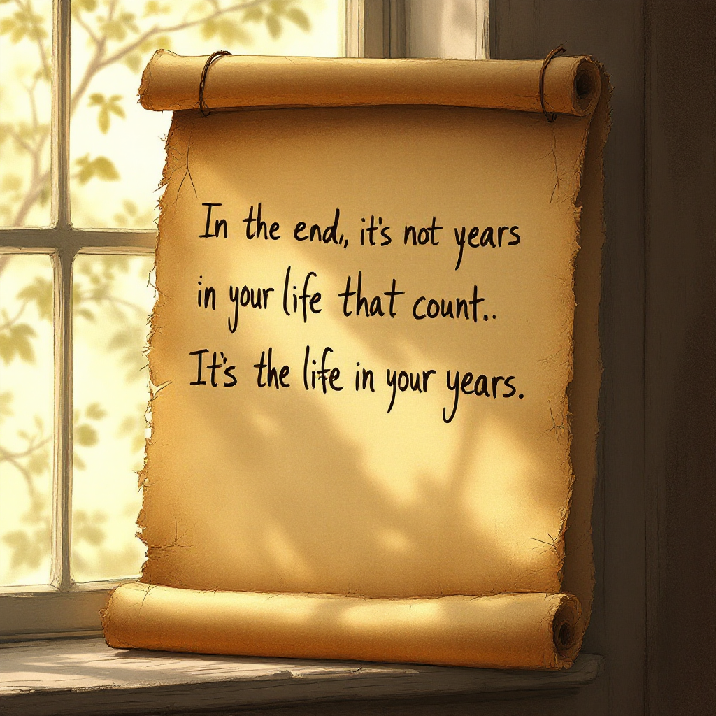 A softly illuminated parchment scroll hangs near a window, inscribed with the quote: In the end, it’s not the years in your life that count. It’s the life in your years.