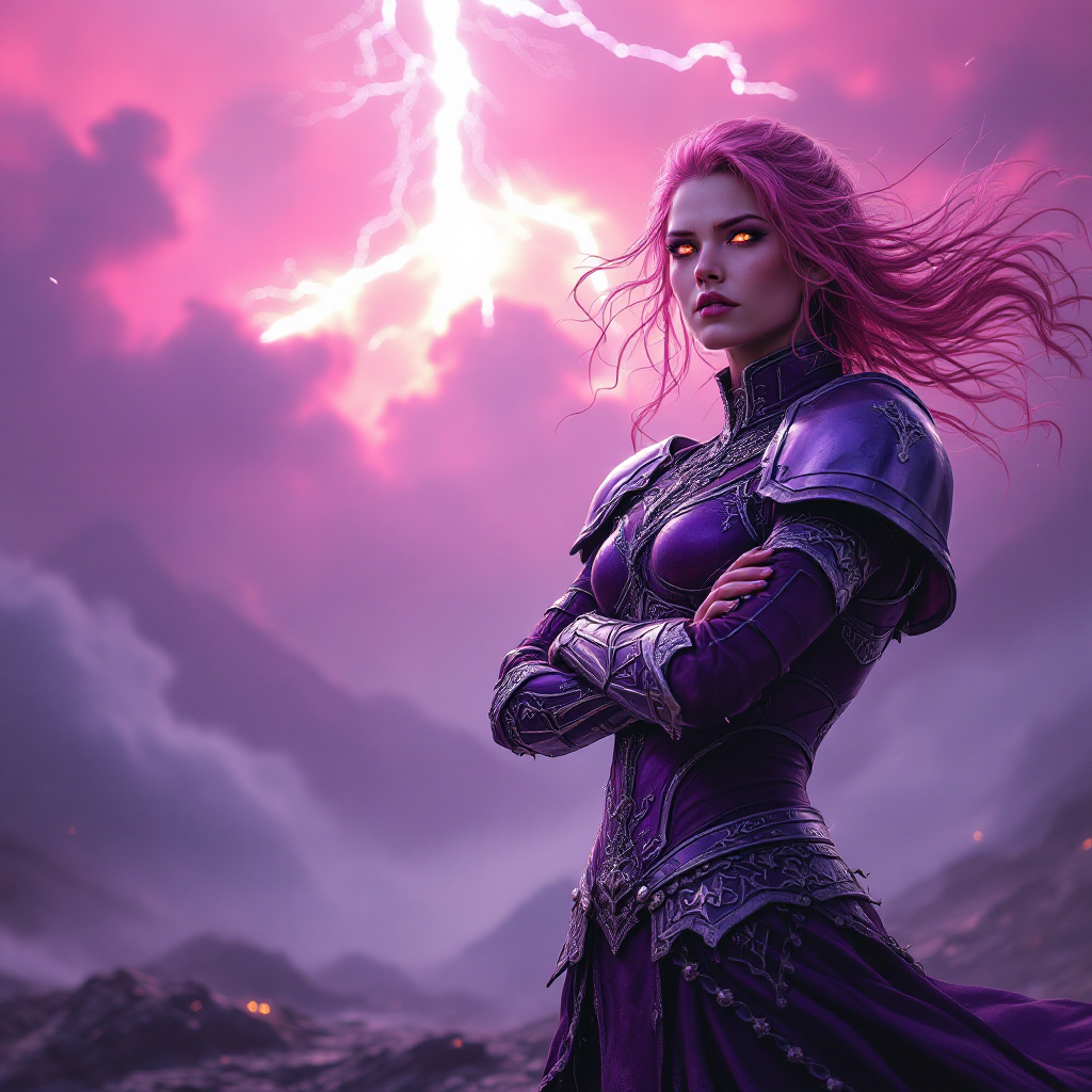 A fierce warrior stands defiantly amid a stormy landscape, with purple skies and lightning, embodying the spirit of unwavering resolve from the quote: Never compromise. Not even in the face of Armageddon.