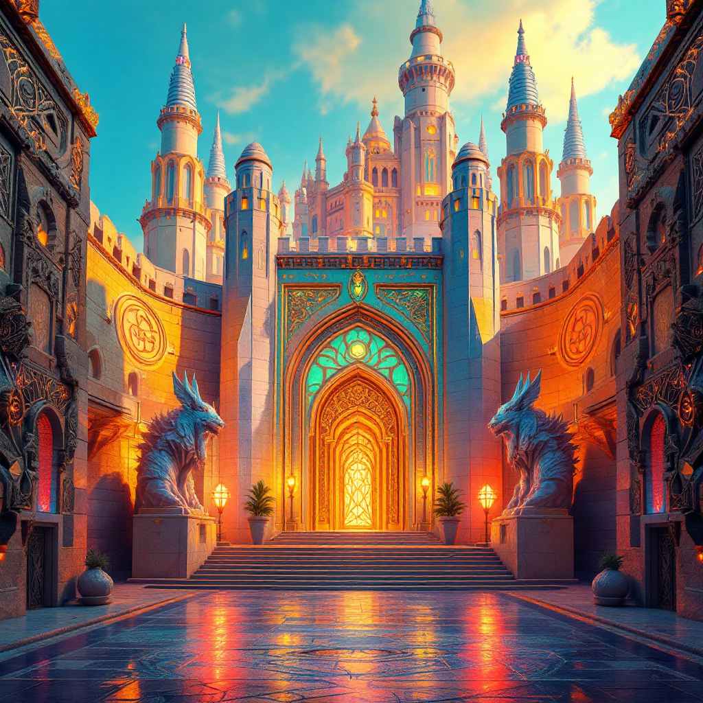 A majestic castle shines under a vibrant sky, with ornate doors framed by dragon statues, symbolizing the choice to build fortresses or invite others into our lives.