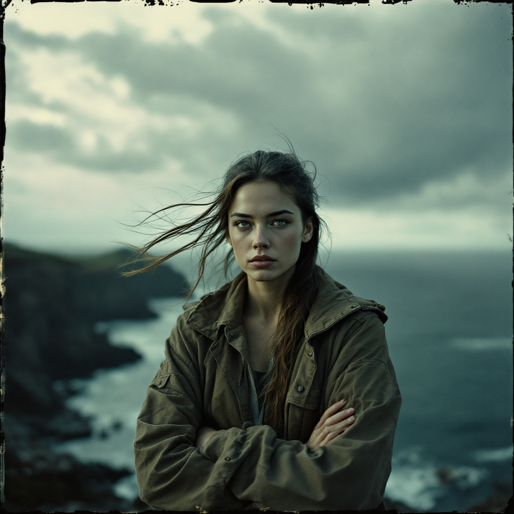 A young woman stands on a cliffside, gazing determinedly into the distance, her arms crossed. The stormy sea and overcast sky reflect her strength and bravery in the face of fear.