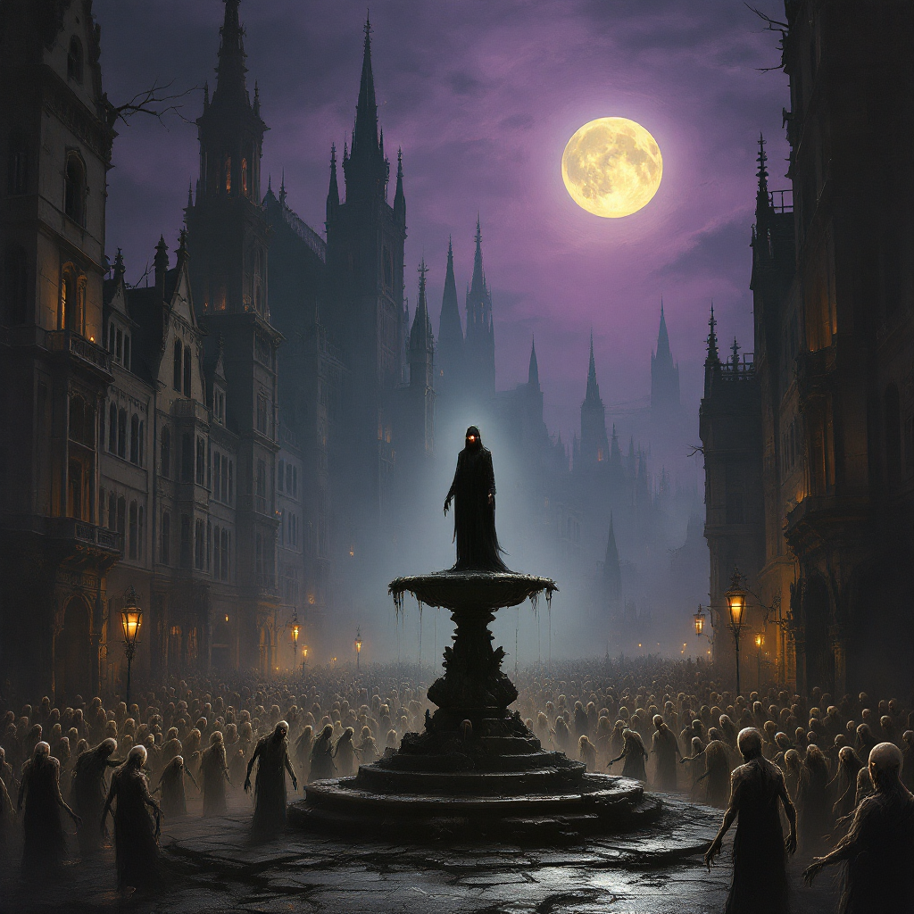 A dark, eerie cityscape under a full moon, featuring a central fountain with a cloaked figure. Shadows of a crowd surround the scene, evoking themes of infection and unity in darkness.