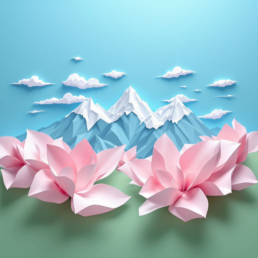 A vibrant paper art scene features delicate pink flowers in the foreground with majestic, snow-capped mountains and fluffy clouds against a serene blue sky, embodying the quote about showing rather than teaching.