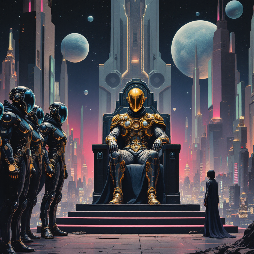 A futuristic throne room features a powerful figure in golden armor seated on an ornate throne, flanked by armored warriors, all under a cosmic backdrop of planets and towering structures.