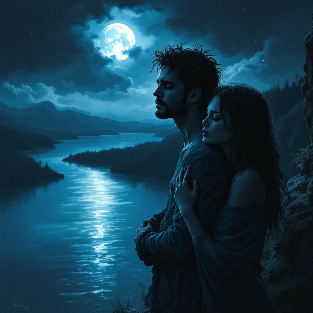 A couple stands embracing by a moonlit river, their silhouettes framed by dark mountains, capturing the delicate balance of friendship amidst a serene yet intense atmosphere.