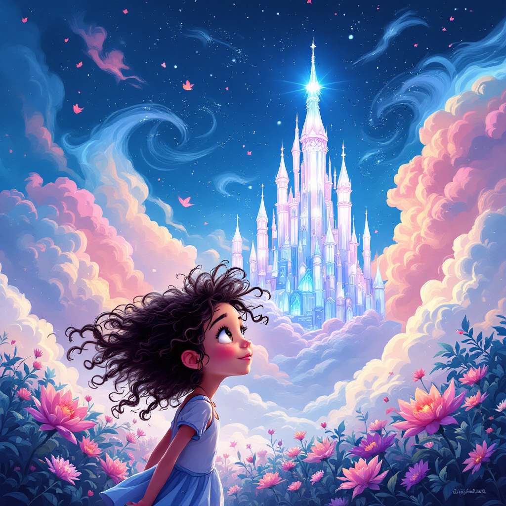 A young girl gazes in awe at a shimmering castle amidst vibrant clouds and flowers, embodying the idea that our perception shapes the world around us.