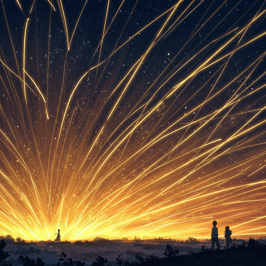 A vivid night sky filled with narrow, golden threads of light crackling across the horizon, illuminated by a warm glow as two figures gaze upward in wonder.