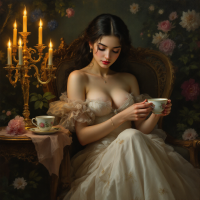 A woman in a flowing, elegant gown sits in a lavish chair, holding a teacup. Soft candlelight illuminates her serene expression, surrounded by vibrant floral wallpaper and a cozy atmosphere.