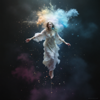 A ethereal figure in a flowing white dress floats amidst a swirl of colorful clouds, embodying the quote about love's power to connect us to the world even in challenging times.