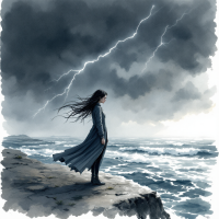 A figure in a flowing coat stands on a rocky shore, facing tumultuous seas under a stormy sky, embodying the quote, Sometimes love is a choice, not just a feeling.