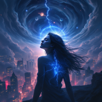 A woman sits against a glowing cityscape, her silhouette illuminated by vibrant blue lightning, embodying the idea that fear awakens one's inner strength and awareness.