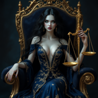 A striking figure sits on an opulent throne, draped in a deep blue gown, holding golden scales, embodying the quote The law is a jealous mistress with an aura of both allure and authority.