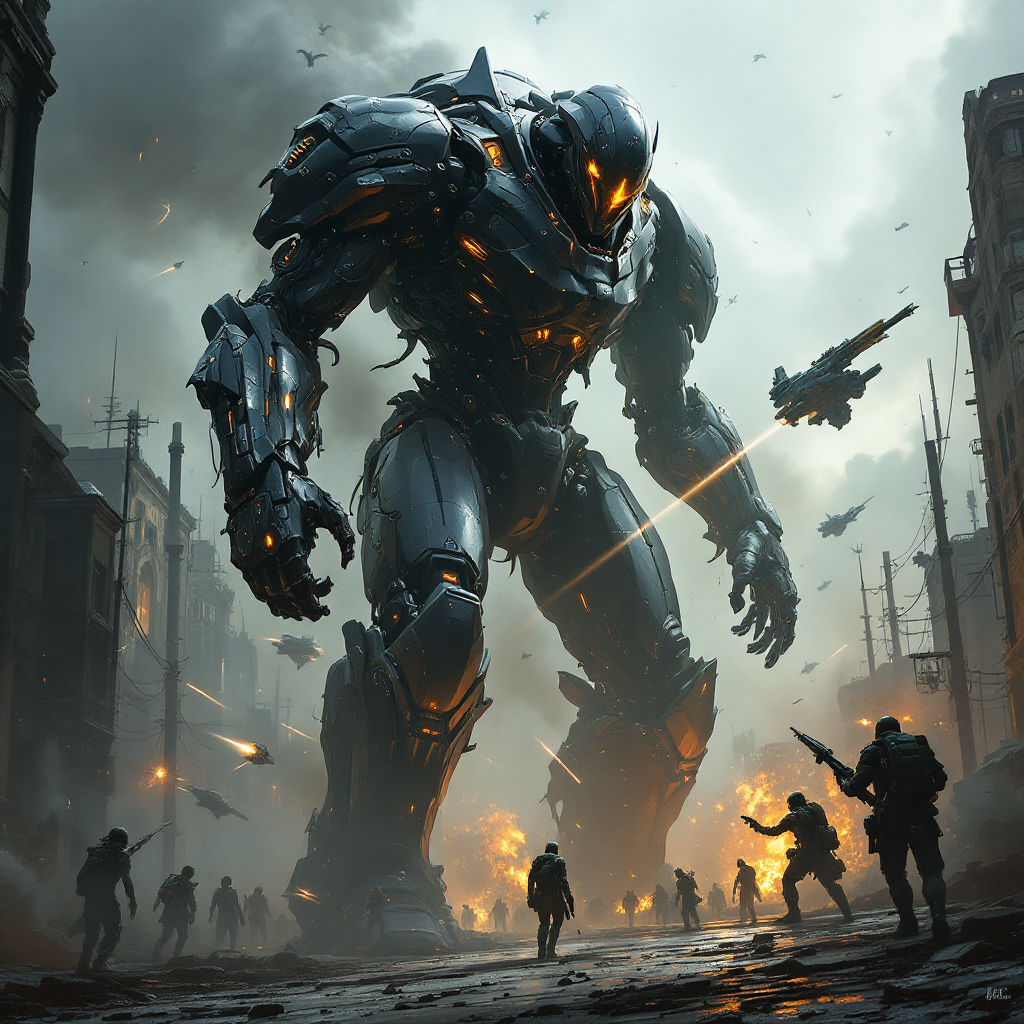 A massive armored robot towers over a war-torn city as soldiers prepare for battle, symbolizing the colonies' fierce stand against a galactic threat alongside their allies.