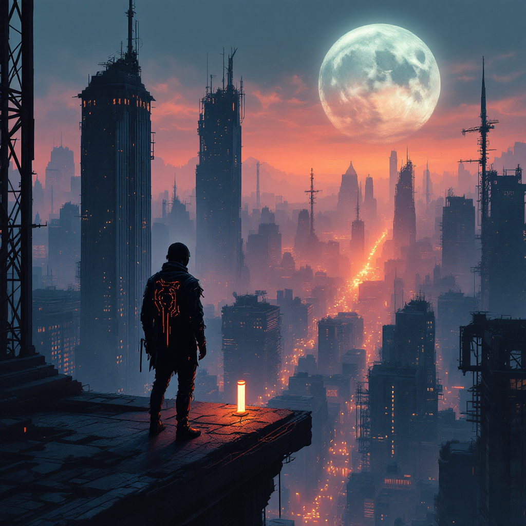 A lone figure stands on a rooftop, gazing over a sprawling, futuristic city under a full moon, embodying the haunting reflection on silence and memories of the past.