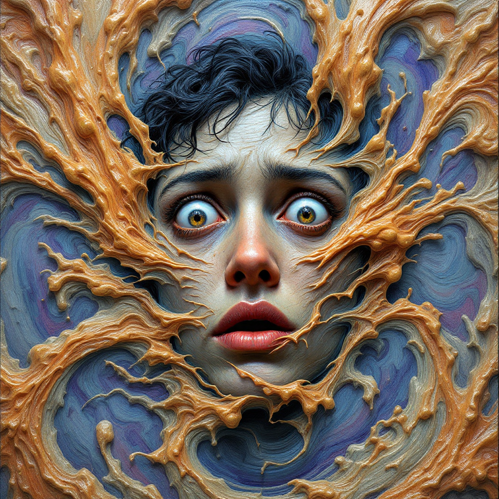 A distressed face emerges from swirling, chaotic forms, capturing a sense of mental turmoil and confusion, reflecting the quote about losing one’s mind.