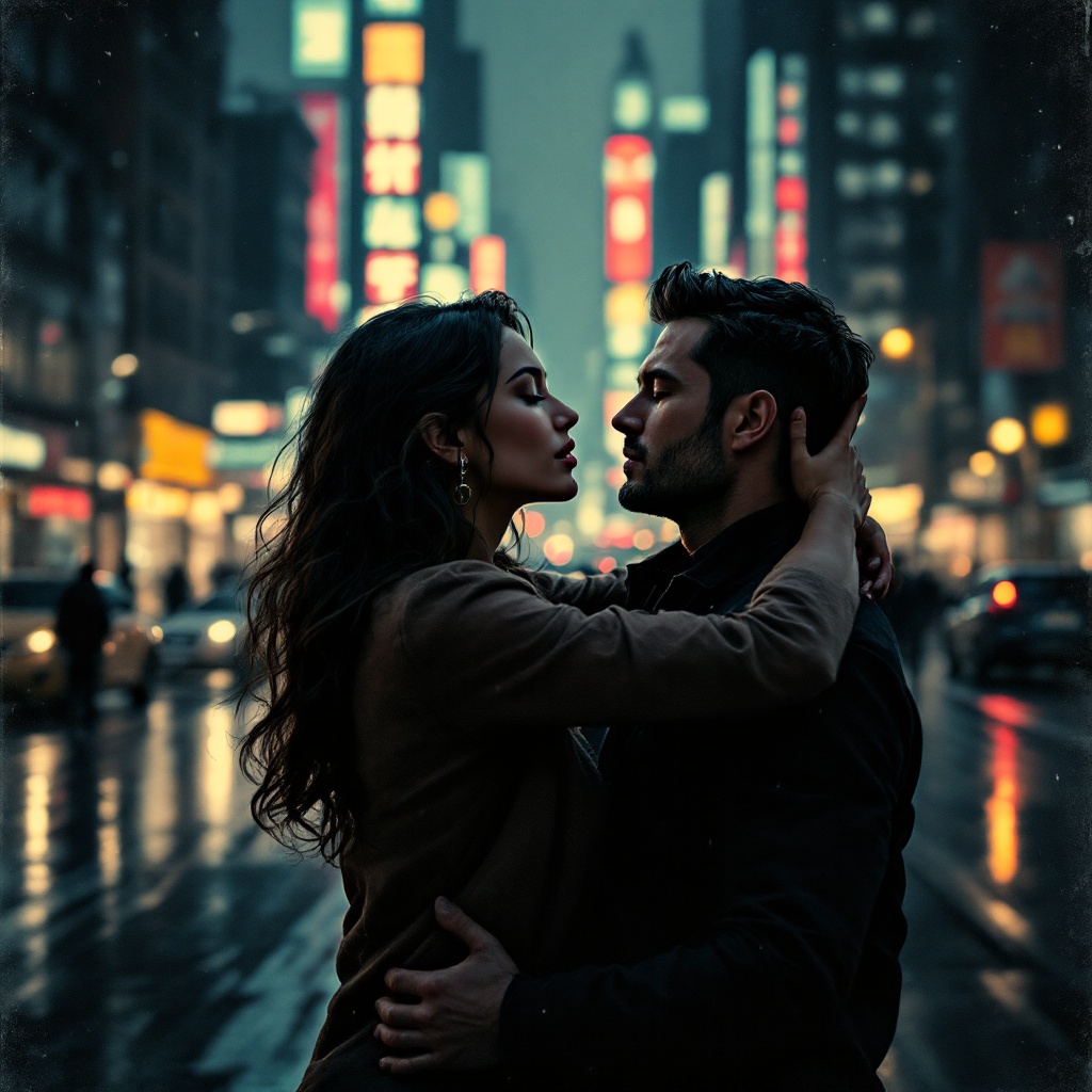 A couple stands close in an urban setting, their foreheads touching as city lights reflect on the rain-soaked street, embodying the beauty and danger of love as they embrace.