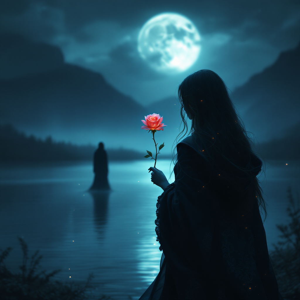 A figure in a dark cloak holds a rose by a moonlit lake, watching a shadowy presence in the water, embodying love as a weapon, a curse, and a sanctuary.