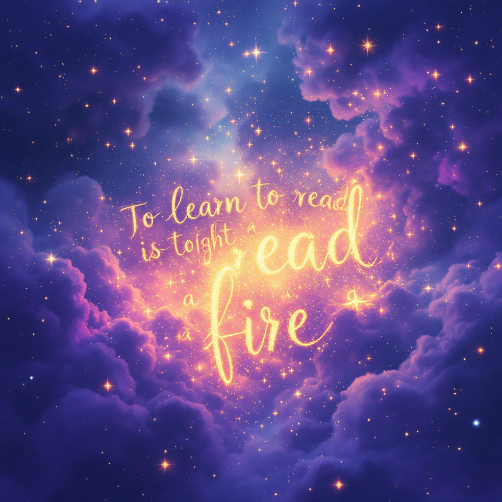 A vibrant cosmic scene filled with swirling purple clouds and sparkling stars, featuring the quote, To learn to read is to light a fire, illuminated in glowing, whimsical lettering.