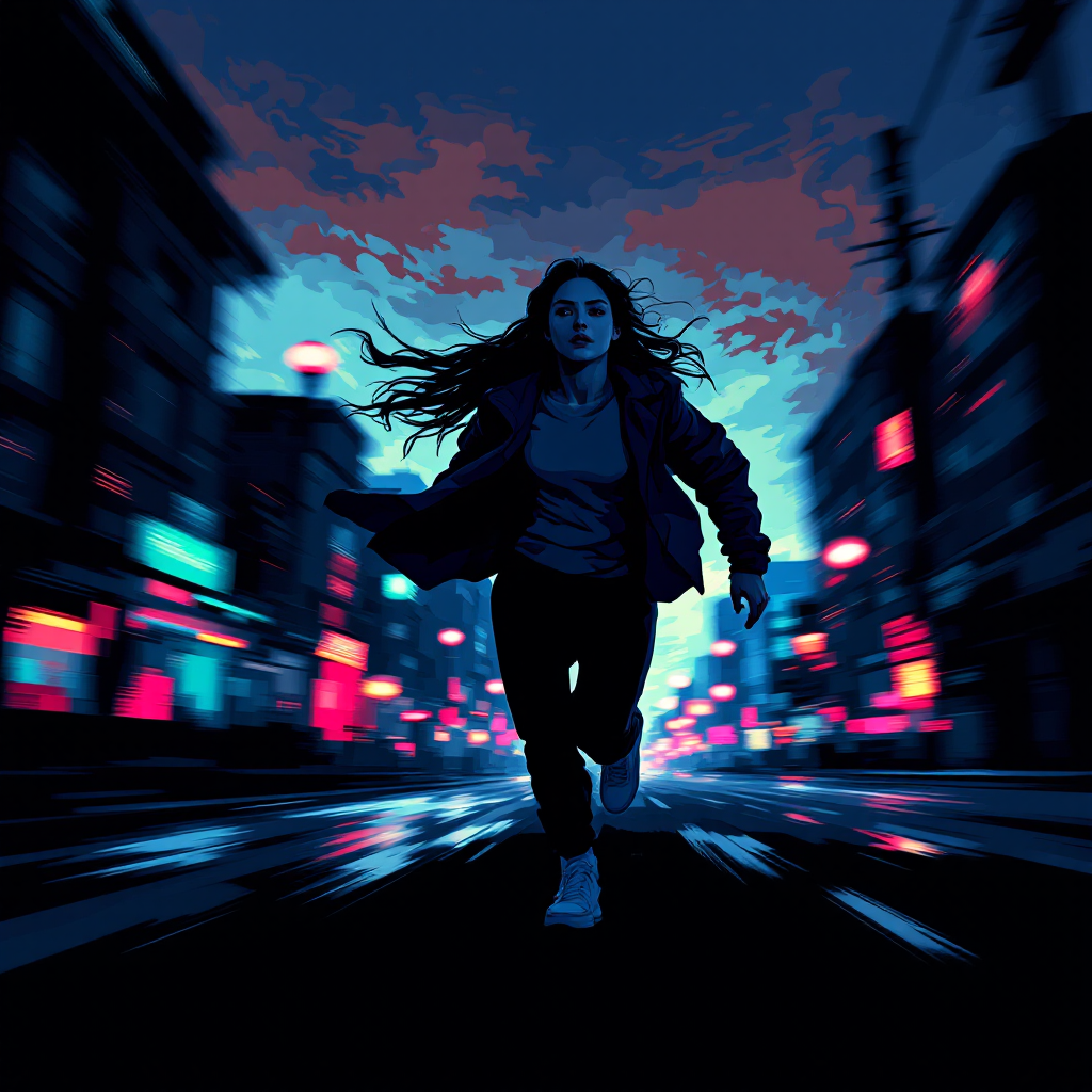 A figure runs through a dark, neon-lit city street, embodying the struggle of facing one’s past amid a dramatic sky, reflecting urgency and introspection.