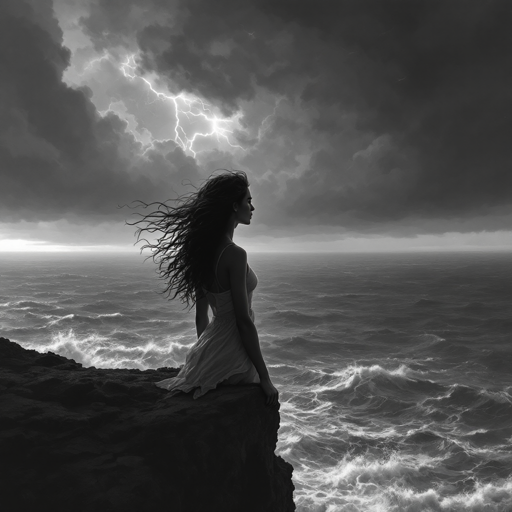 A silhouette of a woman stands on a rocky edge, facing a stormy sea under dark clouds and lightning, embodying courage amidst fear and uncertainty.