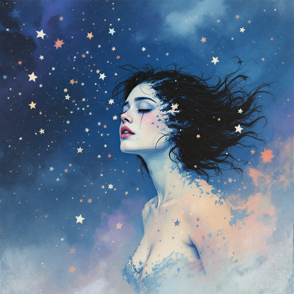 A woman with flowing hair gazes upwards, surrounded by a starry night sky, capturing the essence of holding it together while feeling internally fragmented.