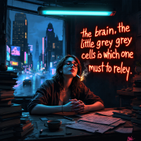 A contemplative figure sits at a cluttered desk surrounded by books, illuminated by neon lights, with the quote about relying on the brain and seeking truth glowing beside them.