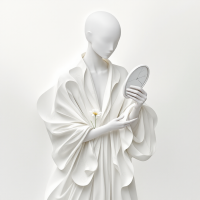 A serene, faceless figure draped in flowing white fabric holds a clock and a delicate flower, embodying the duality of time as both a healer and a revealer of hidden truths.