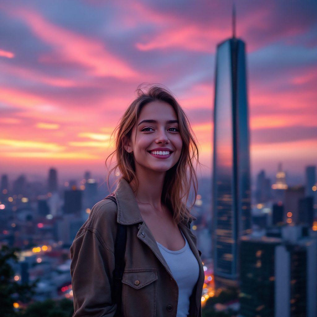 A young woman smiles against a vibrant sunset sky, with a modern city skyline behind her, embodying the warmth and belonging of calling this place home.