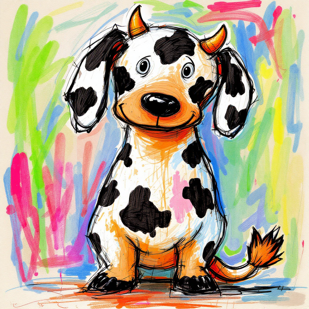 A whimsical cartoon dog with cow-like spots and small horns stands against a vibrant, colorful background, embodying a playful twist on imperfection and uniqueness.