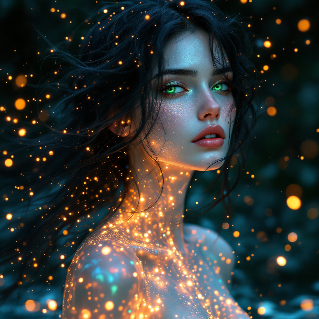 A serene woman with flowing dark hair and glowing green eyes, surrounded by ethereal sparkles of light, embodies a sense of longing and connection in a magical, dreamlike atmosphere.