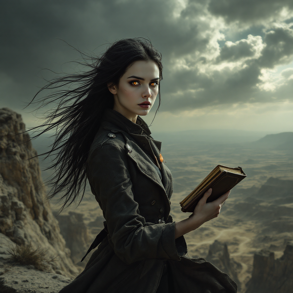 A figure with long black hair and striking yellow eyes stands on a rocky outcrop, holding a book against a dramatic, cloud-filled sky, embodying a spirit of rebellion and change.