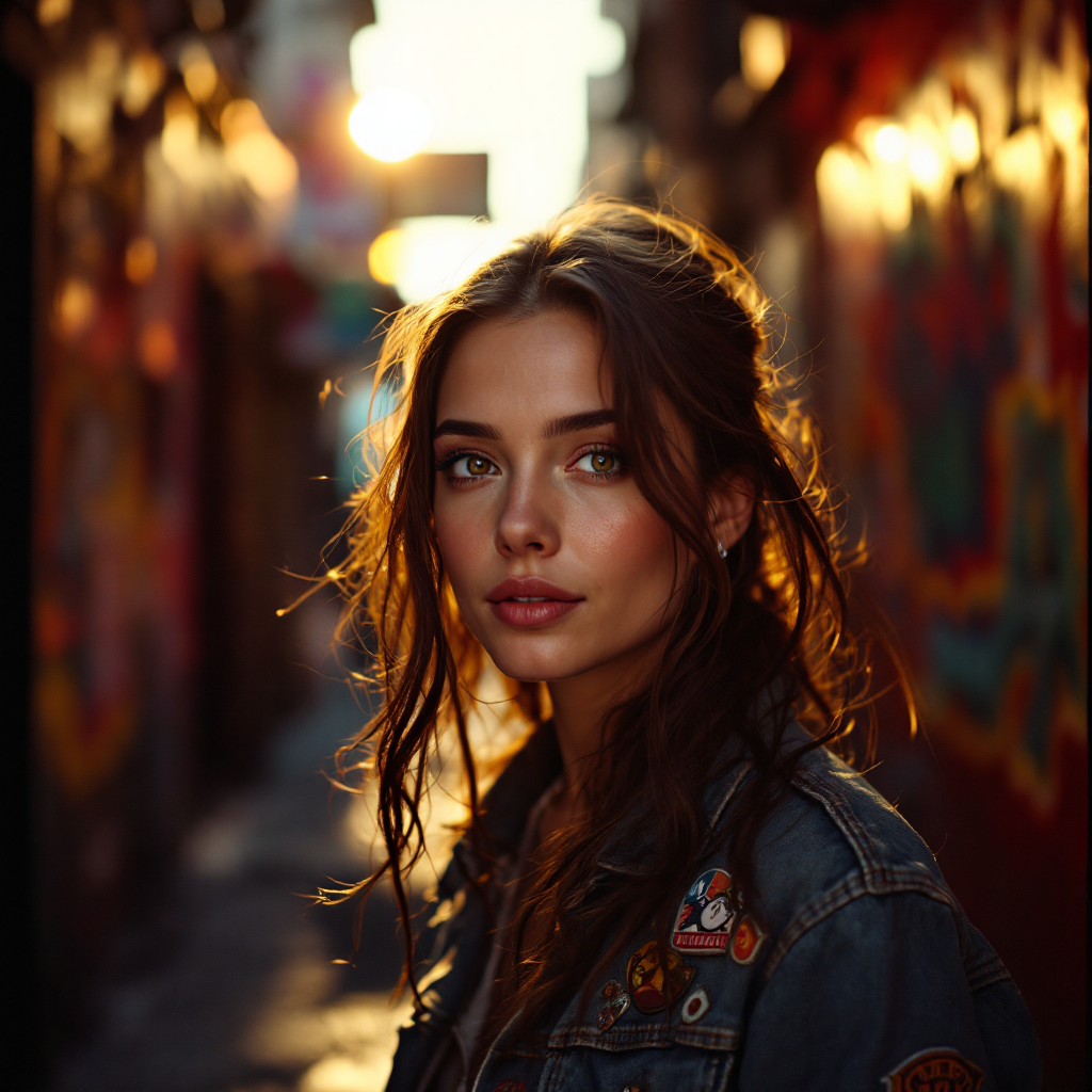 A young woman gazes confidently into the camera in a vibrant alleyway, illuminated by warm sunlight, embodying the spirit of choosing to be extraordinary.