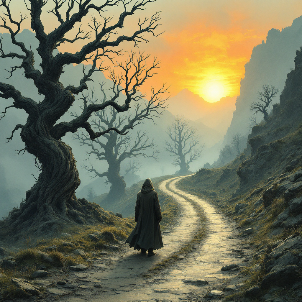 A lone figure in a cloak walks along a winding path through a desolate landscape, bare trees silhouetted against a dramatic sunset, embodying the journey of self-discovery through suffering.