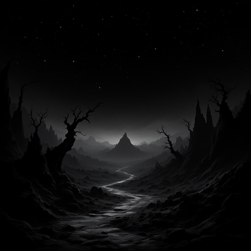 A dark, desolate landscape with twisted trees and sharp mountains under a starry sky, evoking the profound blackness described in the quote. A winding path cuts through the gloom.