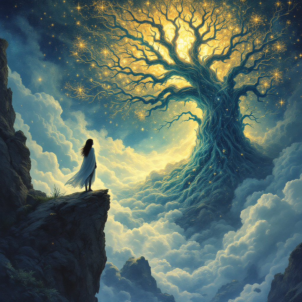 A figure stands on a rocky ledge, gazing at a luminous tree rising from clouds, its branches glowing with celestial light, embodying the layers of reality and hidden truths.