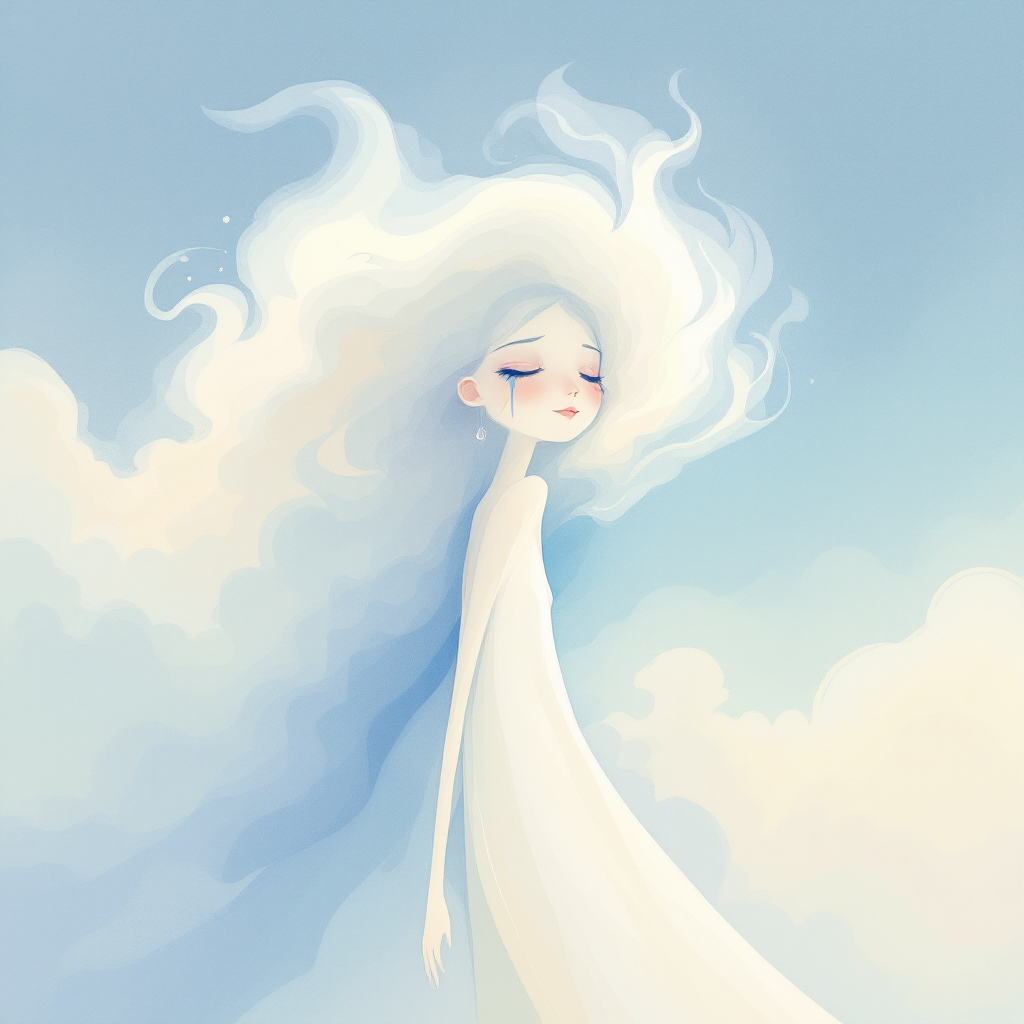 A serene figure with flowing white hair stands amidst soft clouds, embodying the duality of joy and pain, reflecting the essence of existence and creativity.