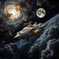 A majestic spacecraft glides through a starry cosmos, with swirling clouds and a glowing moon, embodying the journey of exploration and self-discovery amid the universe.