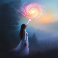 A woman in a flowing white dress stands in a misty landscape, gazing upward where a colorful galaxy swirls above, symbolizing the spark of curiosity that ignites the soul.