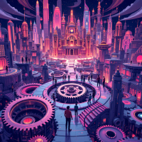 A vibrant, futuristic cityscape with intricate gears and machinery, symbolizing unity and efficiency. Figures walk through the dynamic architecture under a starry sky.