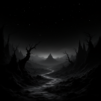 A dark, desolate landscape with twisted trees and sharp mountains under a starry sky, evoking the profound blackness described in the quote. A winding path cuts through the gloom.