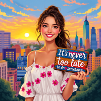 A smiling young woman in a floral dress holds a sign reading It's never too late to do something against a vibrant sunset backdrop of a city skyline.